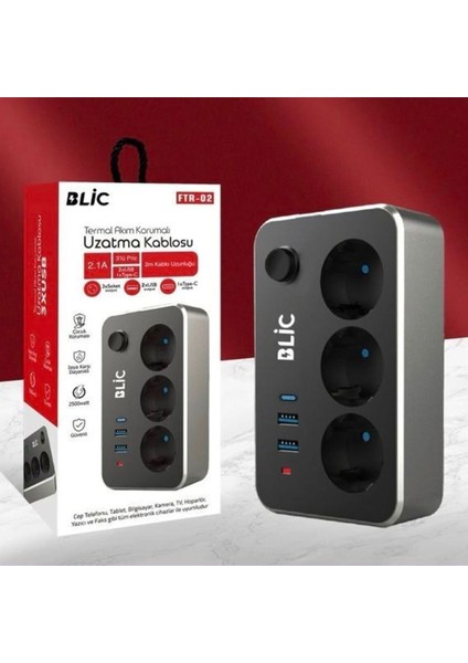 Termal Akım Korumalı 3'lü Priz ve USB Şarj Istasyonu 2 Usb, 1 Type-C