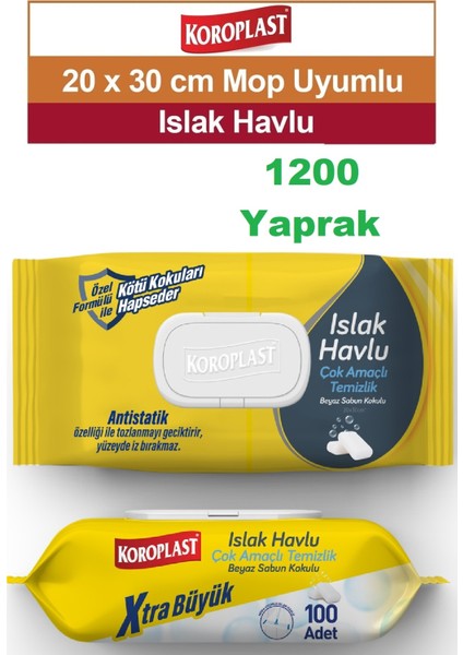 Mop Uyumlu Extra Büyük Islak Temizlik Havlusu Beyaz Sabun Kokulu 1200 Yaprak