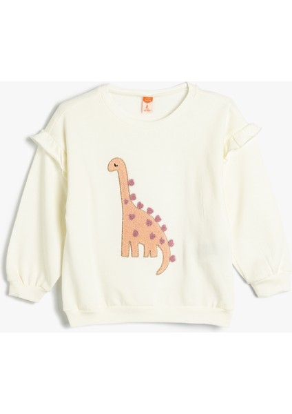 Dinozorlu Sweatshirt Aplike Detaylı Uzun Kollu Bisiklet Yaka Şardonlu Pamuklu