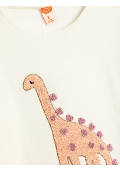Dinozorlu Sweatshirt Aplike Detaylı Uzun Kollu Bisiklet Yaka Şardonlu Pamuklu modelleri
