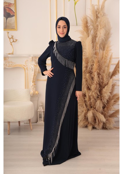 Zincir ve Taş Detaylı Krep Kumaş Tesettür Elbise (K1025) fiyatları
