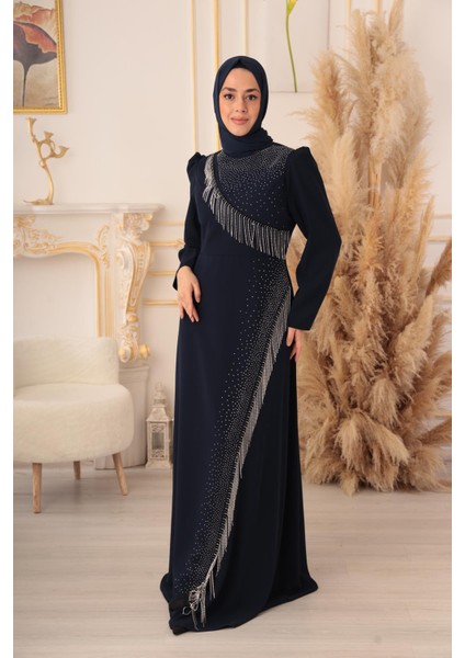 Zincir ve Taş Detaylı Krep Kumaş Tesettür Elbise (K1025) modelleri