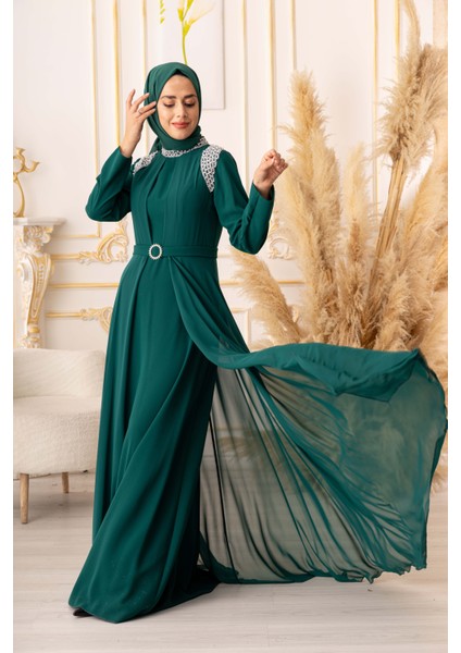 Inci Detaylı Krep ve Şifon Kumaş Tesettür Abiye (K1040)