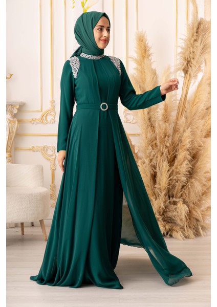 Inci Detaylı Krep ve Şifon Kumaş Tesettür Abiye (K1040) fiyatları