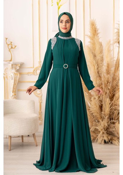 Inci Detaylı Krep ve Şifon Kumaş Tesettür Abiye (K1040) modelleri