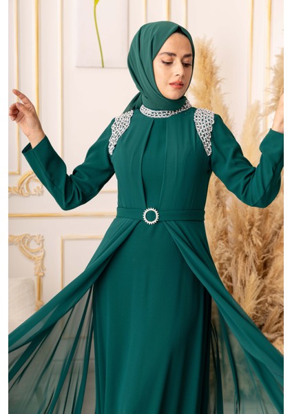 Inci Detaylı Krep ve Şifon Kumaş Tesettür Abiye (K1040) fırsatları