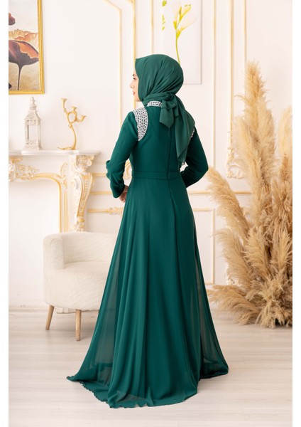 Inci Detaylı Krep ve Şifon Kumaş Tesettür Abiye (K1040) indirimleri