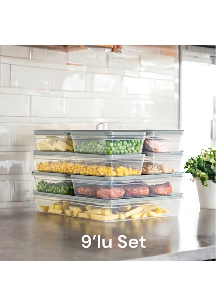 9'lu Buzdolabı Düzenleyici Buzluk ve Mikrodalga Saklama Kabı Fresh Box 1x 2400-4X1170-4X600 ml