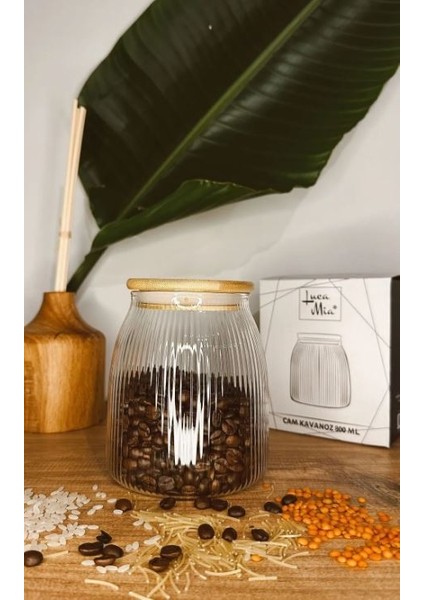 Bambu Kapaklı Çizgili Cam Kavanoz 600 ml