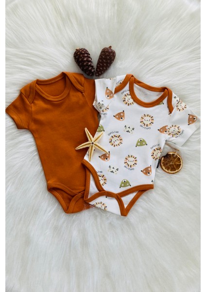 Aslan Baskılı Alttan Çıtçıtlı Kısa Kollu 2li Bebek Body Set