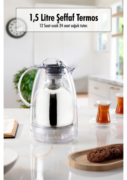 1.5 Lt Şeffaf Isı Yalıtımlı Çay ve Soğuk Su Termosu (12 Saat Sıcak Tutar& Içi Camdır)