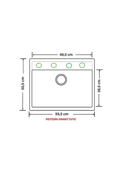 Granit Evye Antrasit Tek Gözlü Mutfak Evyesi 50 x 55 Cm.
