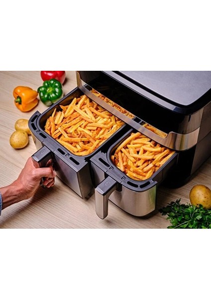 Inox Paslanmaz Çay Makinesi ve 2700W Çift Hazneli Akıllı Programlanabilir Diğital Dokunmatik Ekranlı Yağsız 8.3 Litre Fritöz