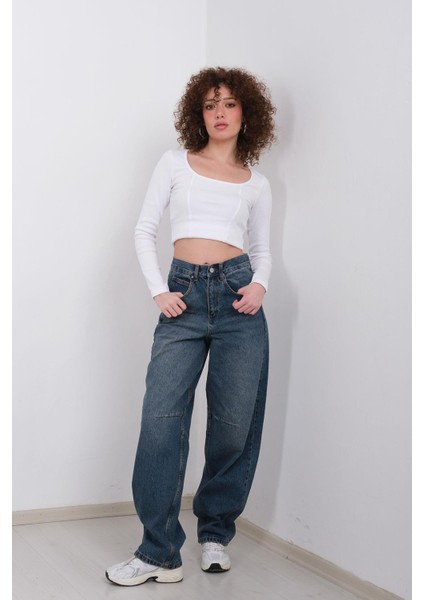 Kadın Arkası Kemer Toka Detaylı Baggy Jean - Orta Ton Tinli Yıkamalı