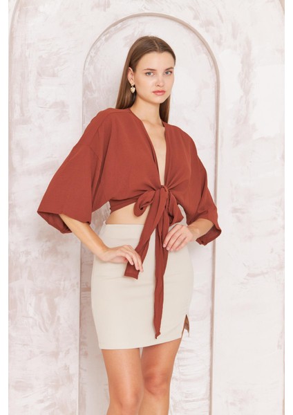 Kadın Kiremit Rengi Önden Bağlamalı Crop Kimono DM7004