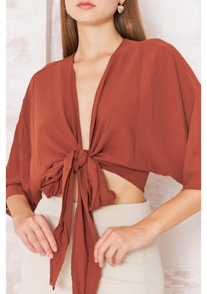 Kadın Kiremit Rengi Önden Bağlamalı Crop Kimono DM7004 fırsatları