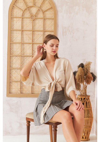 Kadın Bej Önden Bağlamalı Crop Kimono DM7004 modelleri