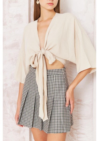 Kadın Bej Önden Bağlamalı Crop Kimono DM7004 fırsatları