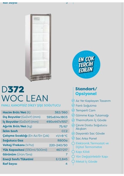 D372 Woc Lean 372Lt Kanopisiz Dikey Meşrubat Şişe Soğutucu Buz Dolabı modelleri