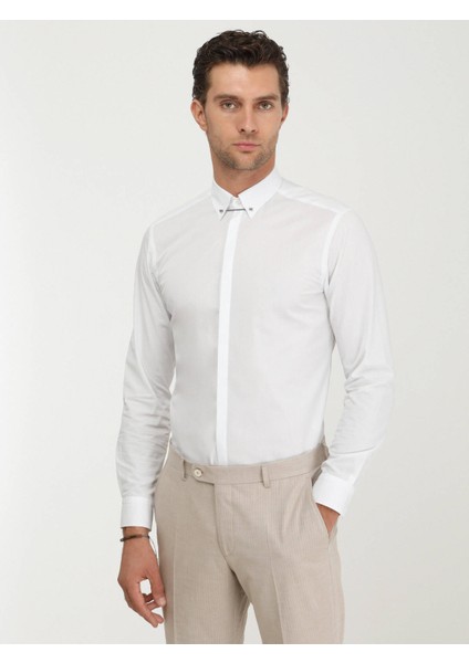 Beyaz Düz Slim Fit Düz Manşet Klasik Yaka Smokin Gömlek