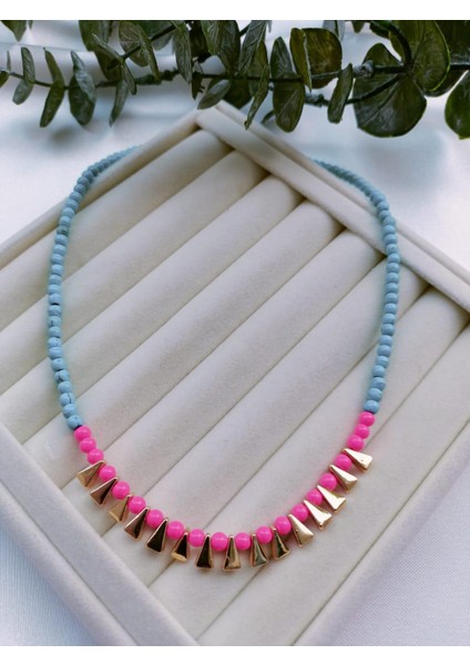 Gold Üçgen Plaka Turkuaz ve Neon Pembe Kolye