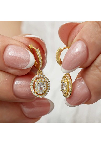 Gümüş Gold Oval Taşlı Sallantılı Küpe
