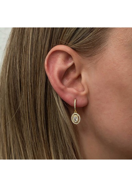Gümüş Gold Oval Taşlı Sallantılı Küpe