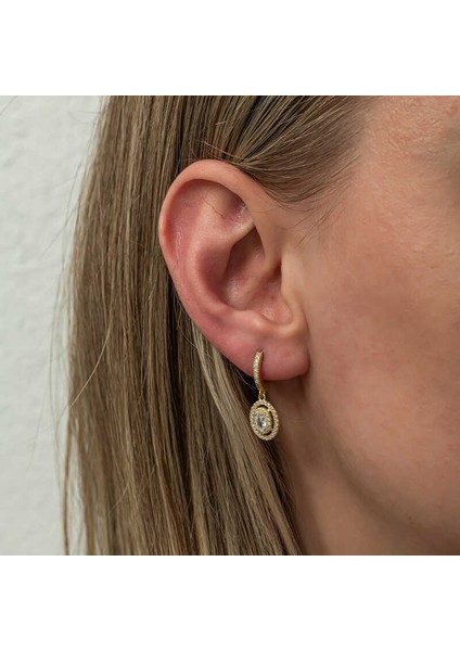 Gümüş Gold Oval Taşlı Sallantılı Küpe