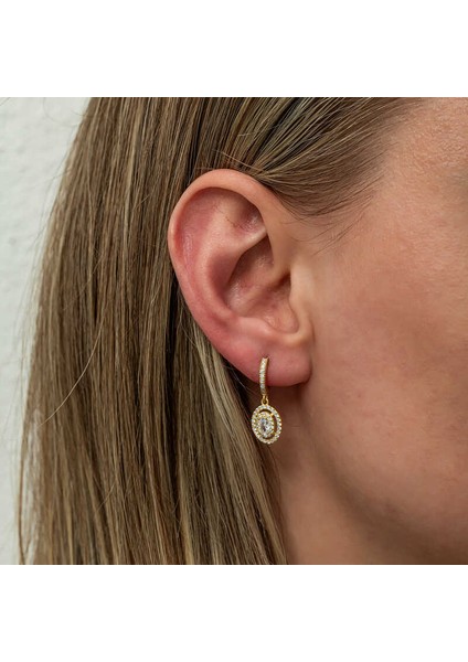 Gümüş Gold Oval Taşlı Sallantılı Küpe