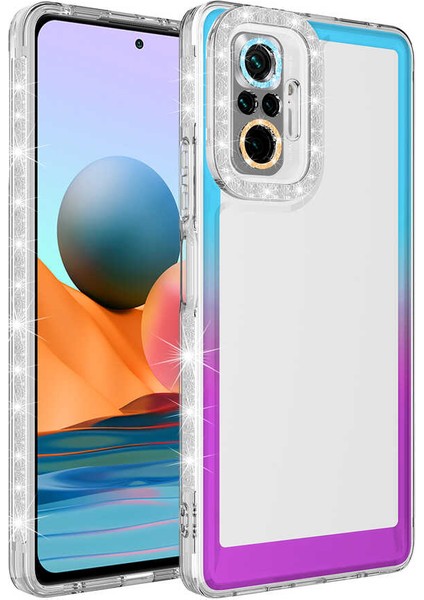 Xiaomi Redmi Note 10 Pro Kılıf Simli ve Renk Geçiş Tasarımlı Lens Korumalı Park Kapak - Mavi - Mor
