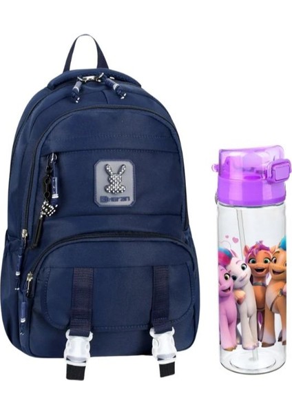 Lacivert Renk Tokalı Okul Çantası ve Ponny Suluk 2'li Kırtasiye Seti, Su Geçirmez Çanta