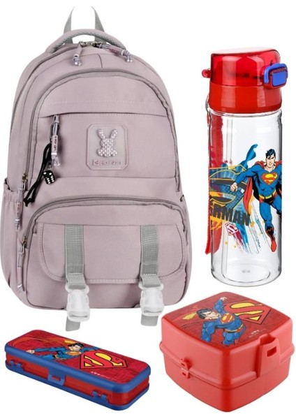 Pudra Renk Tokalı Okul Çantası ve Süperman Suluk 4'lü Kırtasiye Seti, Su Geçirmez Çanta