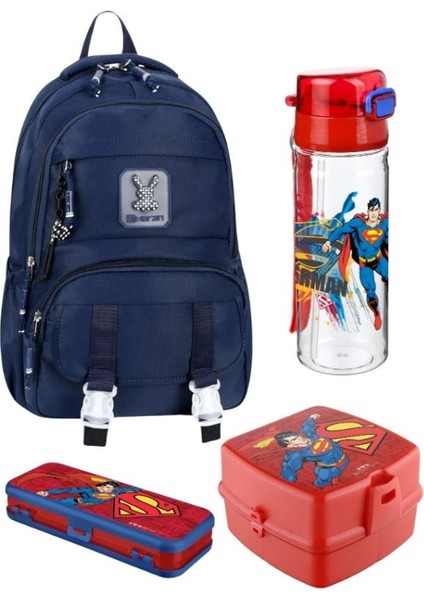 Lacivert Renk Tokalı Okul Çantası ve Süperman Suluk 4'lü Kırtasiye Seti, Su Geçirmez Çanta