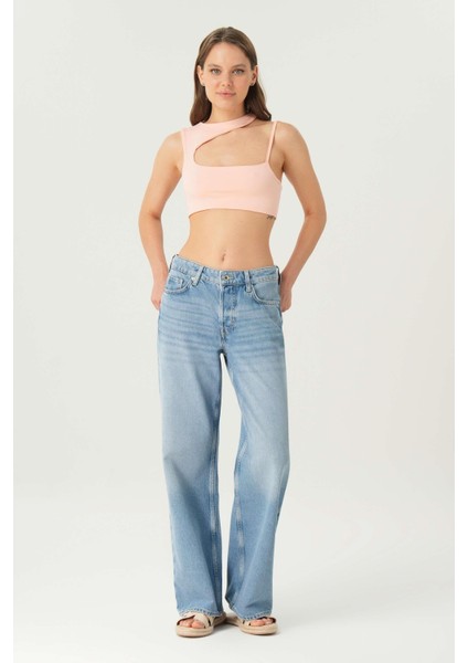 Kadın Wideleg Jean Pantolon Açık Mavi Normal Bel Düğmeli C 4530-207 Günlük Stil