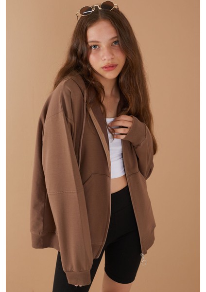 Kahve Fermuarlı Basic Kız Çocuk Kapüşonlu Okul Hırkası 19204