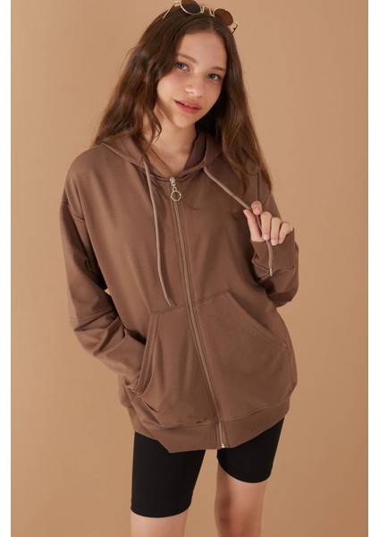 Kahve Fermuarlı Basic Kız Çocuk Kapüşonlu Okul Hırkası 19204 fiyatları