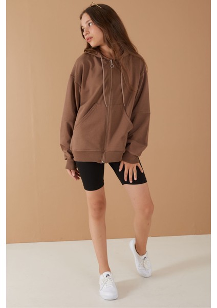 Kahve Fermuarlı Basic Kız Çocuk Kapüşonlu Okul Hırkası 19204 fırsatları