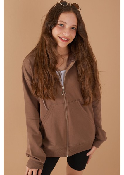 Kahve Fermuarlı Basic Kız Çocuk Kapüşonlu Okul Hırkası 19204 indirimleri