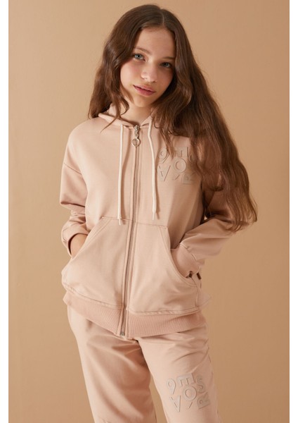 Bej Yazı Baskılı Kapüşonlu Hırkalı Kız Eşofman Takımı 19222 fiyatları