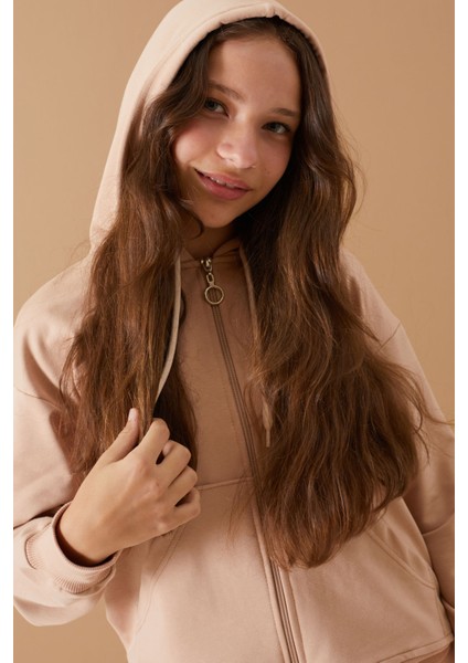 Bej Yazı Baskılı Kapüşonlu Hırkalı Kız Eşofman Takımı 19222 indirimleri