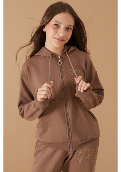 Kahverengi Yazı Baskılı Kapüşonlu Hırkalı Kız Eşofman Takımı 19224 fiyatları