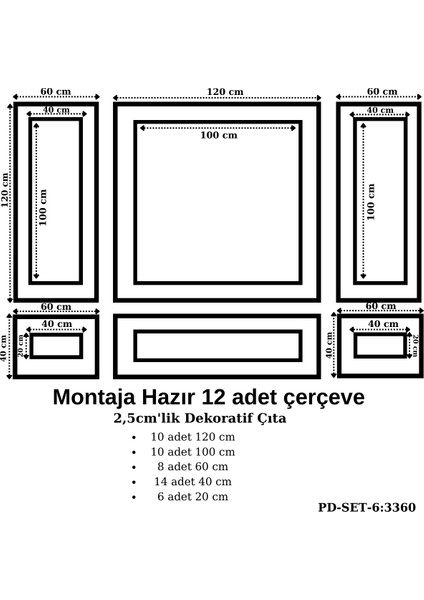 Pazar Dolu Montaja Hazır 12 Adet Çerçeve 2,5 Cm'lik (Pd-Set-6: 3360)