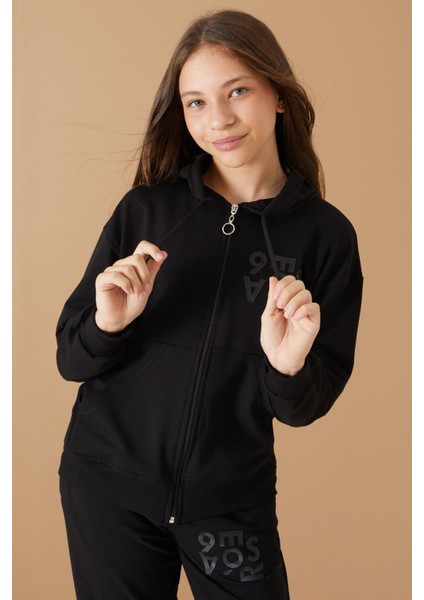 Siyah Yazı Baskılı Kapüşonlu Hırkalı Kız Eşofman Takımı 19223 fiyatları