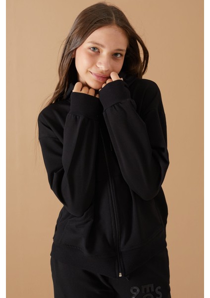 Siyah Yazı Baskılı Kapüşonlu Hırkalı Kız Eşofman Takımı 19223 fırsatları