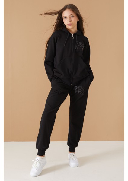 Siyah Yazı Baskılı Kapüşonlu Hırkalı Kız Eşofman Takımı 19223 indirimleri