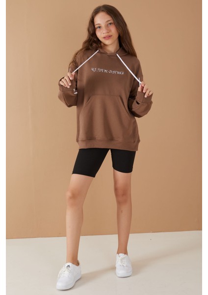 Kahverengi Baskılı Kız Çocuk Şeritli Kapüşonlu Sweatshirt 19221