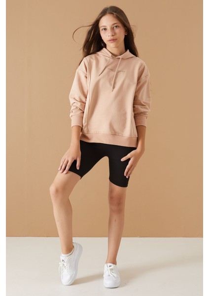 Bej Kabartmalı Yazılı Kapüşonlu Kız Çocuk Sweatshirt 19302