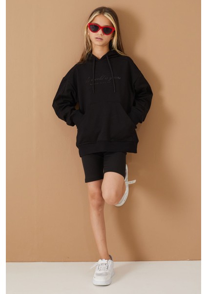Siyah Göğüs Yazılı Kanguru Cepli Kapüşonlu Kız Çocuk Sweatshirt 19336 fırsatları