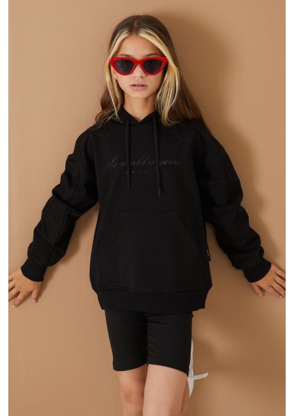 Siyah Göğüs Yazılı Kanguru Cepli Kapüşonlu Kız Çocuk Sweatshirt 19336 indirimleri