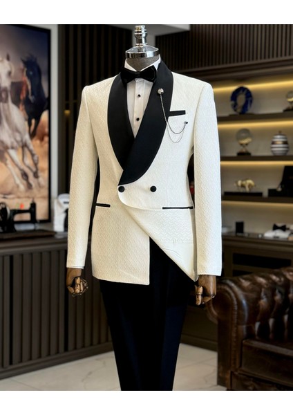 İtalyan Stil Slim Fit Şal Yaka Kruvaze Ceket Pantolon Damatlık Set Beyaz T12028